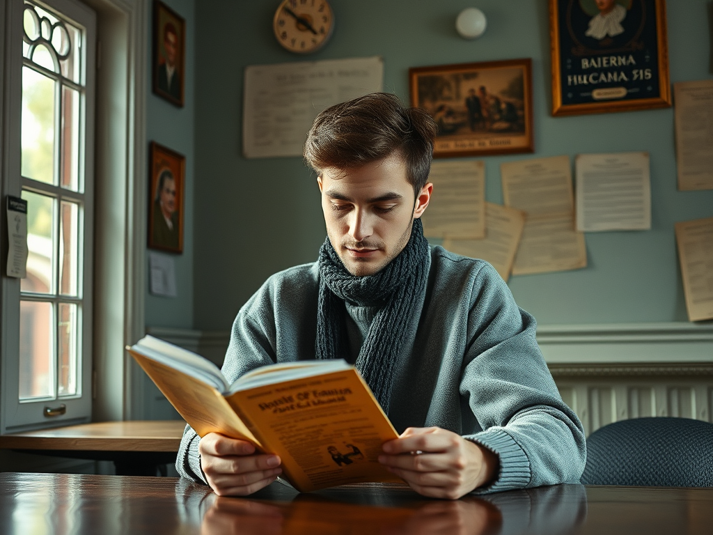 Молодой человек в свитере и шарфе читает книгу на столе в библиотеке, стены украшены фотографиями.